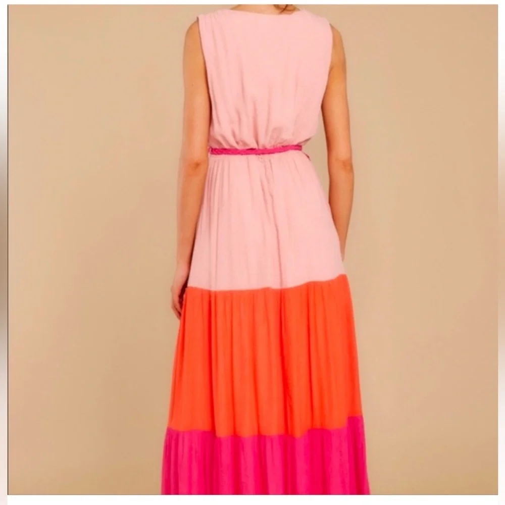 Flying Tomato Pink Orange Colorblock V neck Maxi Dress with Belt Medium NWT - Picture 10 of 10